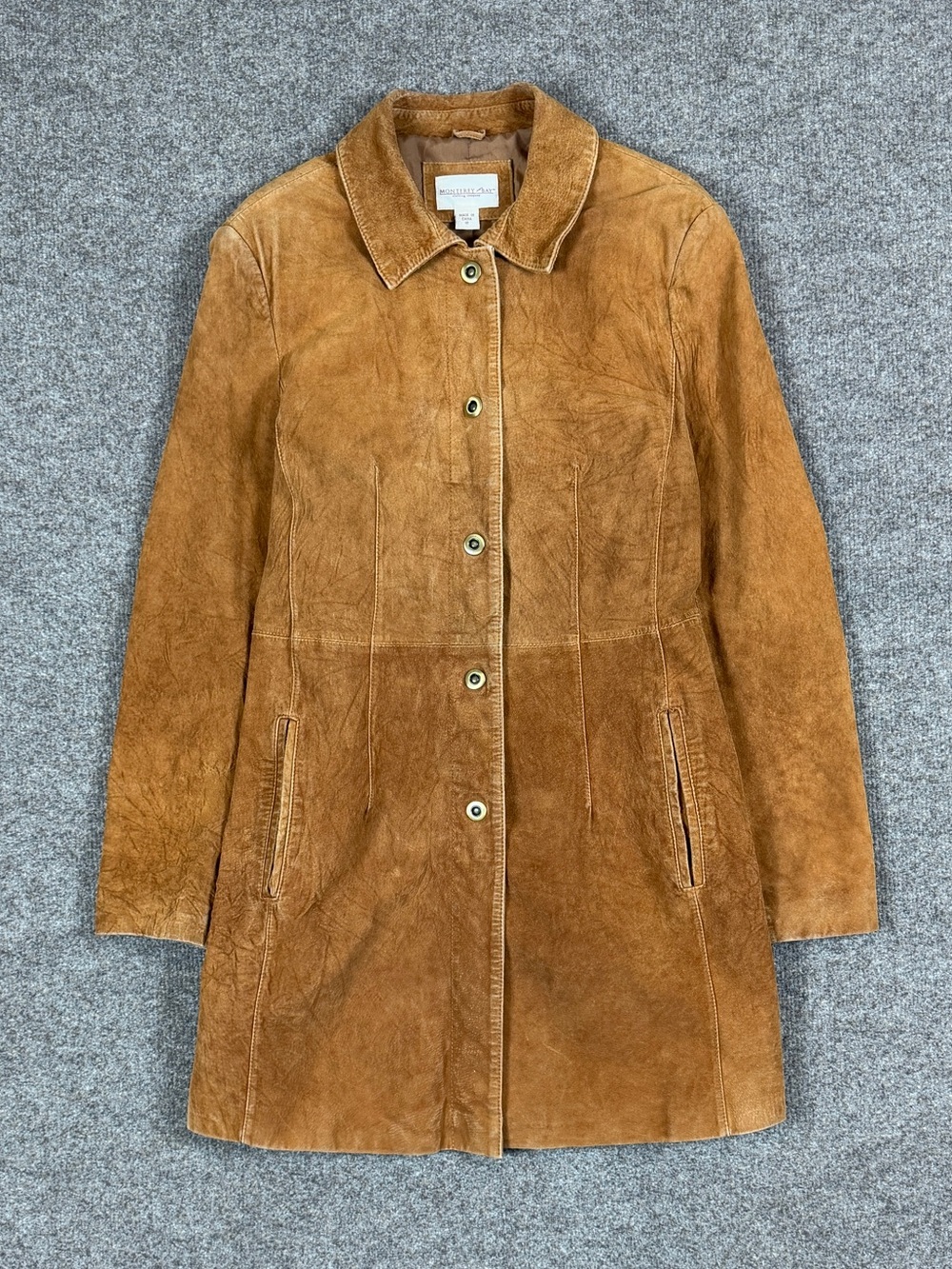 Vintage Light Brown Suede Leather Mid Length Jacket Womens 12 Large Car Coat Y2K